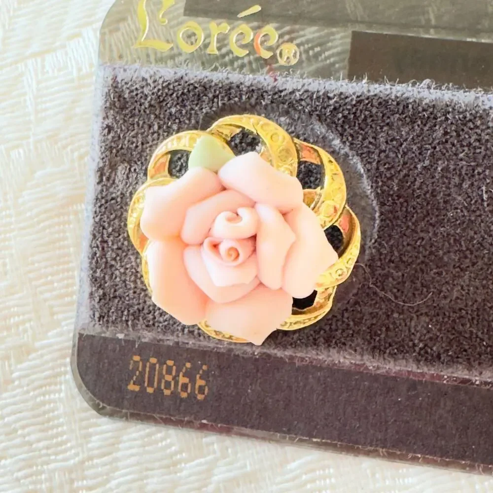 Loree Rose Clip Earrings NWT Vintage Pink Flowers on Gold Toned Braided Back
